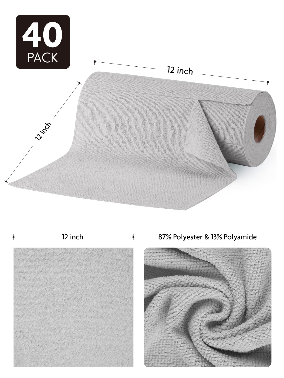 Fantasticlean Microfiber Cleaning Cloth Roll -40 Pack, Tear Away Microfiber Towels, 12" x 12", Reusable, Washable, Scratch Free, Ultra Absorbent Dishcloth for for All-Around Cleaning Supplies (Grey)