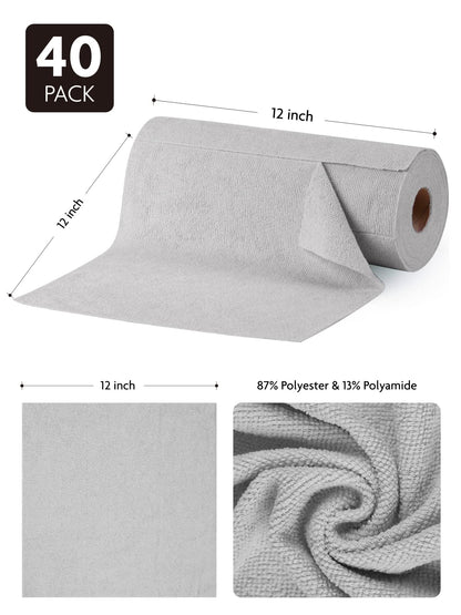 Fantasticlean Microfiber Cleaning Cloth Roll -40 Pack, Tear Away Microfiber Towels, 12" x 12", Reusable, Washable, Scratch Free, Ultra Absorbent Dishcloth for for All-Around Cleaning Supplies (Grey)