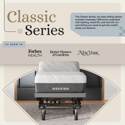 Sven & Son Classic Adjustable Bed Base, Head and Foot Lift, Massage, Under-Bed Lights, USB, Gel Memory, Zero Gravity Smart Frame - Twin XL + 12 inch Memory Foam Matt (Medium)