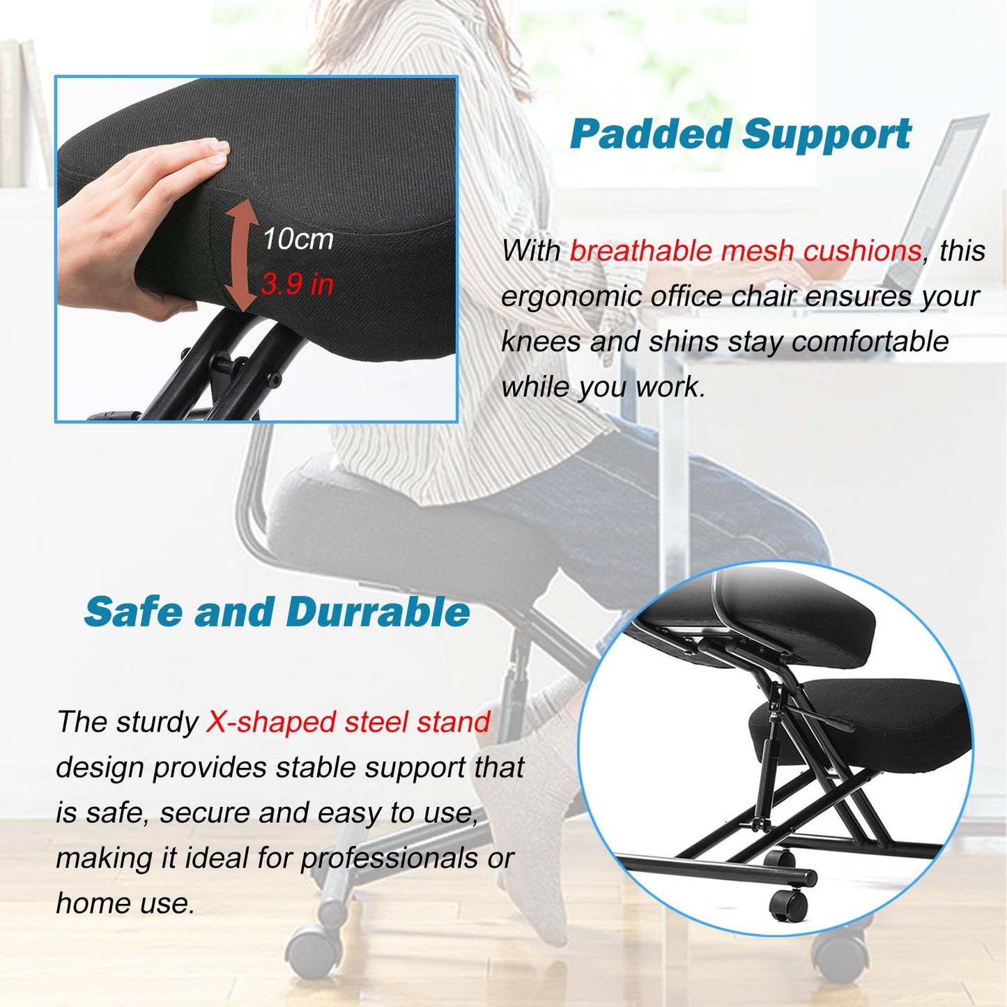Office Chair Cross Legged Chair，Height Adjustable Ergonomic Office Chair with 360° Casters, Meditation Chair with Back, Kneeling Chair for Fitness Fanatics/Home Workers/Yoga Lovers