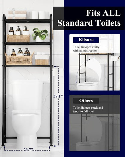 Kitsure Over Toilet Storage Rack - Metal Bathroom Organizer Shelf with Paper Holder & Hooks | Black, 3 Tiers (63.2" H)