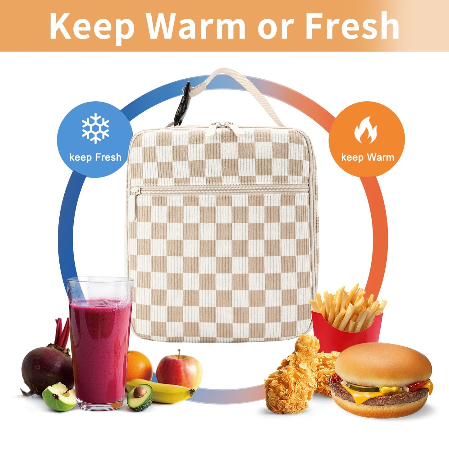 OYLOLA Lunch Box for Women Men Adult Insulated Lunch Bag Women Men Small Reusable Lunchbox for Work Picnic Travel (Beige-Brown Plaid)