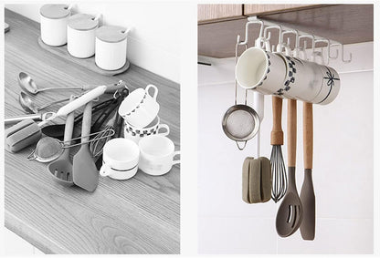 Kitchen Utensil Hanging Cups Storage Hooks with 6 Hooks, Under Cabinet Closet Cup Holder Hanger Hook Rack (White)