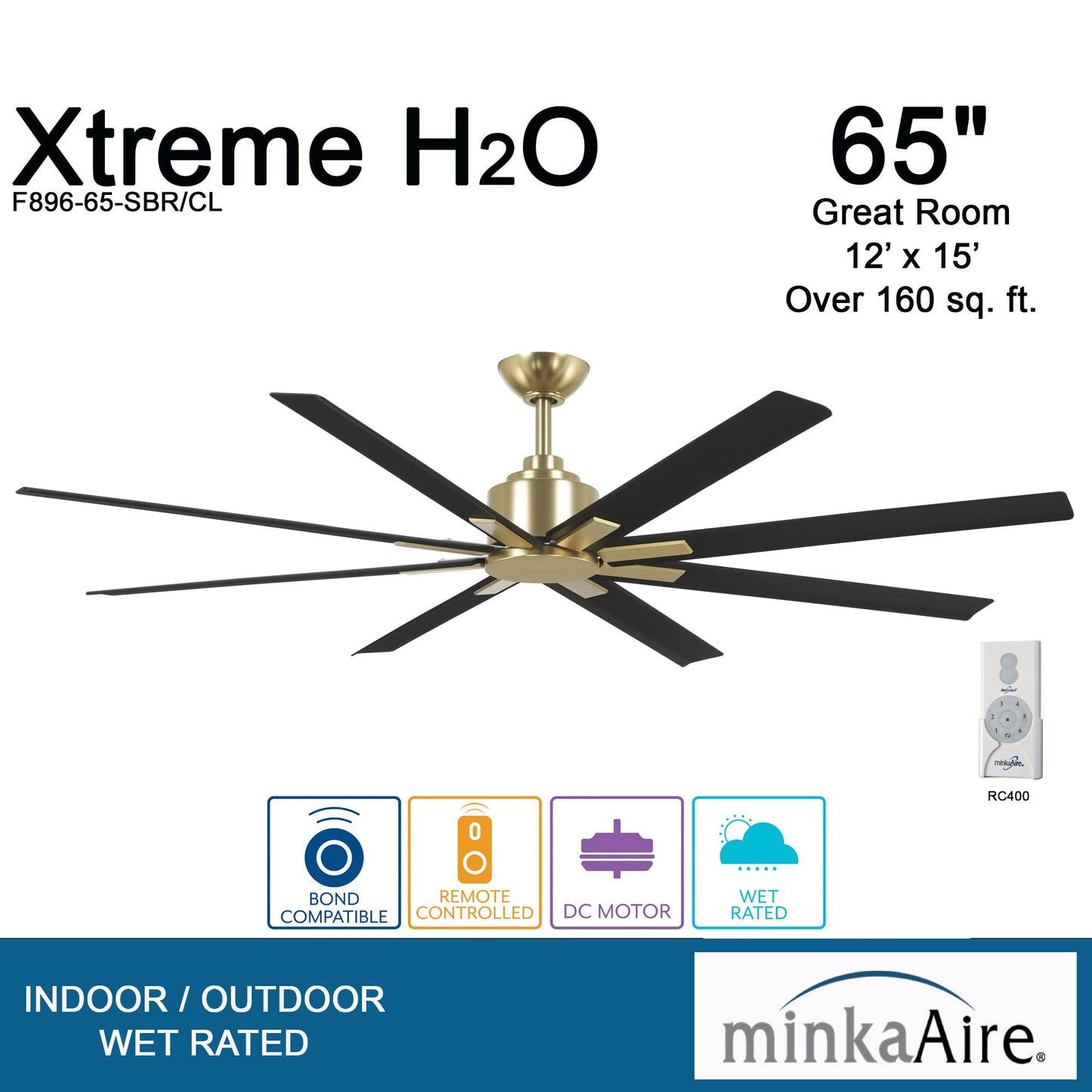 MINKA-AIRE F896-65-SBR/CL Xtreme H2O 65 Inch DC Motor Outdoor Ceiling Fan with Remote Control in Soft Brass Finish with Coal Blades