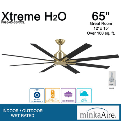 MINKA-AIRE F896-65-SBR/CL Xtreme H2O 65 Inch DC Motor Outdoor Ceiling Fan with Remote Control in Soft Brass Finish with Coal Blades