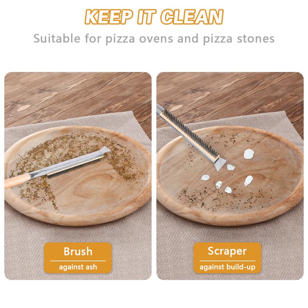 Aolso Pizza Oven Brush, 21" Brush and Stainless Steel Scraper for Pizza Stone, BBQ Grill Cleaning Brush Non Scratch Heat Proof Stainless Steel Bristles with Screwdriver for Pizza Oven Accessories