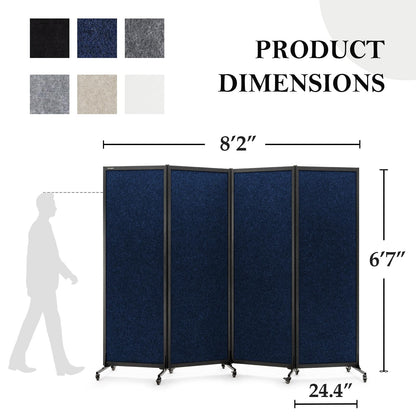 Upgrade Version Room Partition and Divider, Freestanding Rolling Dividers with Wheels,Office Privacy Screen Divider Wall,Classroom Felt Dividers,8'2"L* 6'7"H,4 Panel，Blue