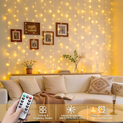 200 8 JMEXSUSS LED Curtain Lights Battery Operated & USB Plug in, Modes Warm White Curtain Hanging String Lights Indoor