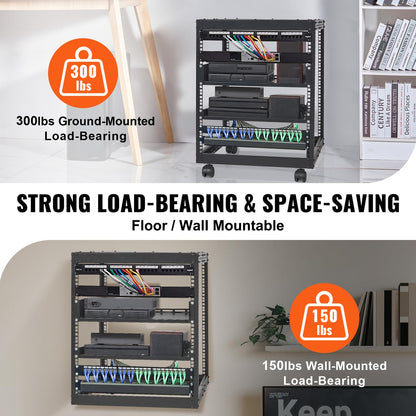 VEVOR 12U Open Frame Server Rack, 23''-40'' Adjustable Depth, Free Standing or Wall Mount Network Server Rack, 4 Post AV Rack with Casters, Holds All Your Networking IT Equipment AV Gear Router Modem