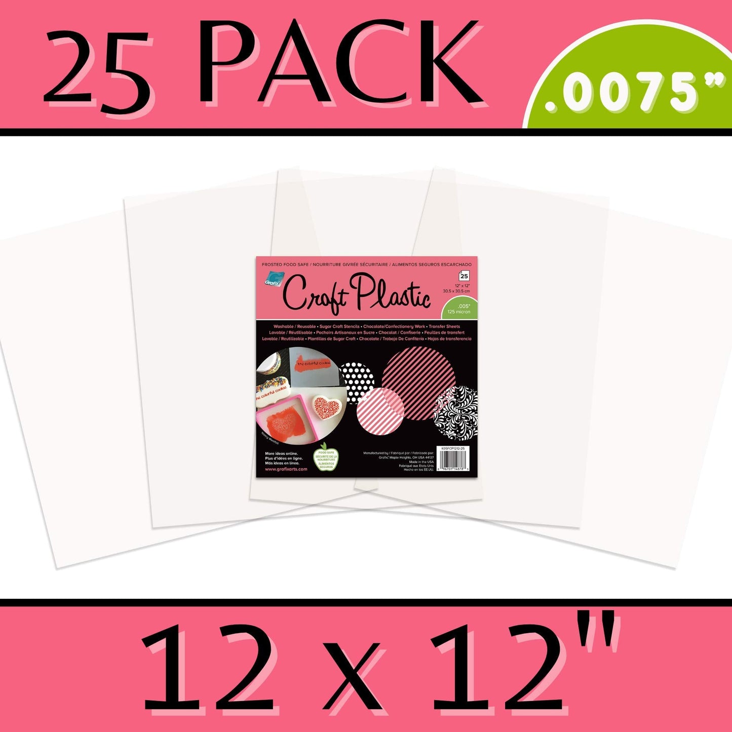 Grafix Food Safe Craft Plastic Film – Reusable .0075” Thick Translucent Film, Perfect for Sugar Craft Stencils, Cookie and Cake Decorating, Chocolate Work, and More, Frosted, 12 x 12”, Pack of 25