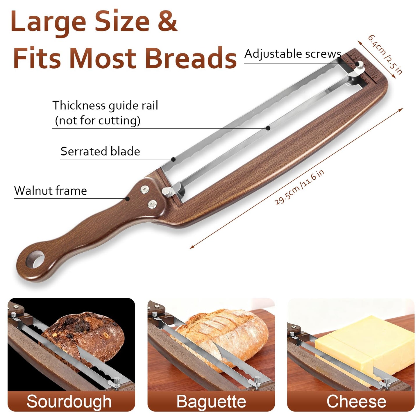 YIYOBEATFO Bread Slicer for Homemade Bread-Adjustable Wooden Sourdough Bread Knife with Thickness Guide,Cutter Tools for Crusty Sourdough & Baguette,Ambidextrous Use,Gift for Baker