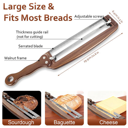 YIYOBEATFO Bread Slicer for Homemade Bread-Adjustable Wooden Sourdough Bread Knife with Thickness Guide,Cutter Tools for Crusty Sourdough & Baguette,Ambidextrous Use,Gift for Baker