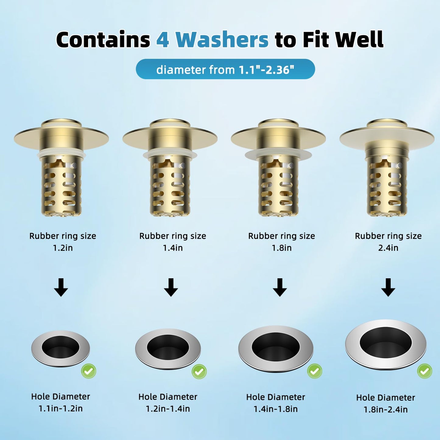Upgraded Bathroom Sink Drain Strainer Hair Catcher 2PCS Universal 3 in 1 Pop-up Sink Stopper, Fit for 1.1''~2.36'' Basin Hole, with Detachable Stainless Steel Filter Basket, Brushed Gold