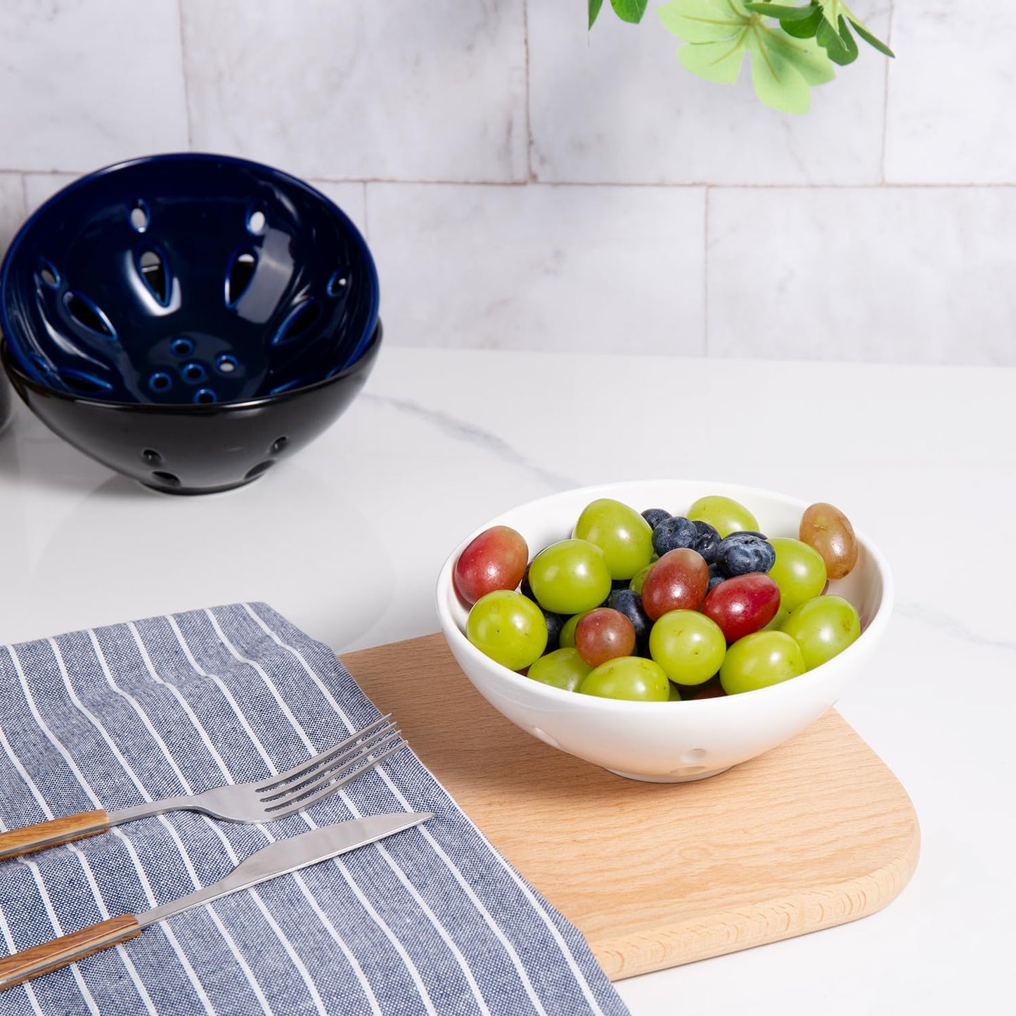 Magclay Ceramic Berry Basket, Round Fruit Bowl with Draining Hole, 5.8" Berry Colander for Kitchen Counter, Fruit Baskets Set of 2, White