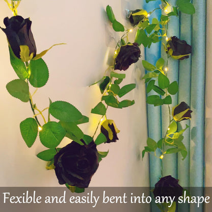 Fielegen 6.56 FT Halloween Artificial Black Rose Vine Lights Fake Floral Garland Wall Decoration Faux Plants Rose Vine with 20 LED Fairy Lights Battery Operated String Lights for Garden Wedding Decor