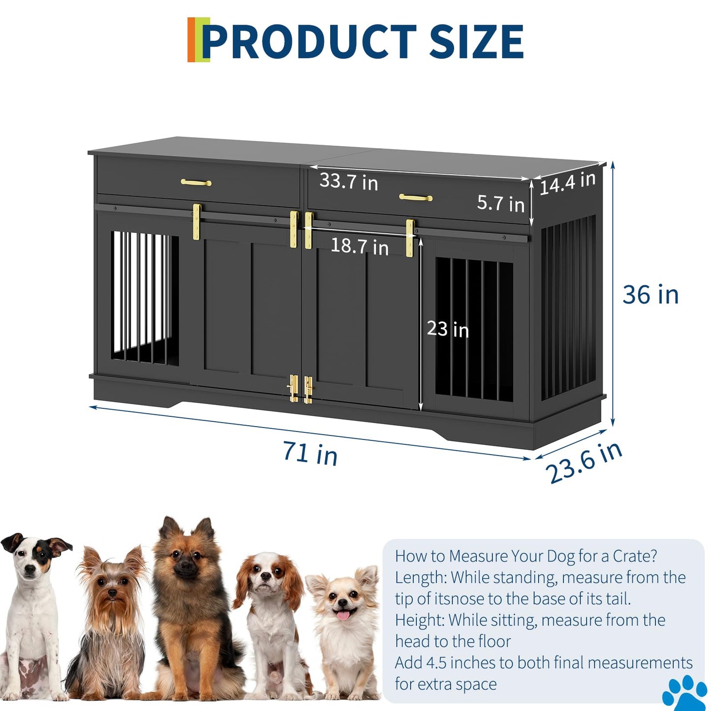 GarveeHome 71'' Double Wooden Dog Crate Furniture for 2 Dogs, with Removable Divider, Sliding Door & 2 Drawers, Decorative TV Stand for Living Room, Fits Small Medium Large Dogs