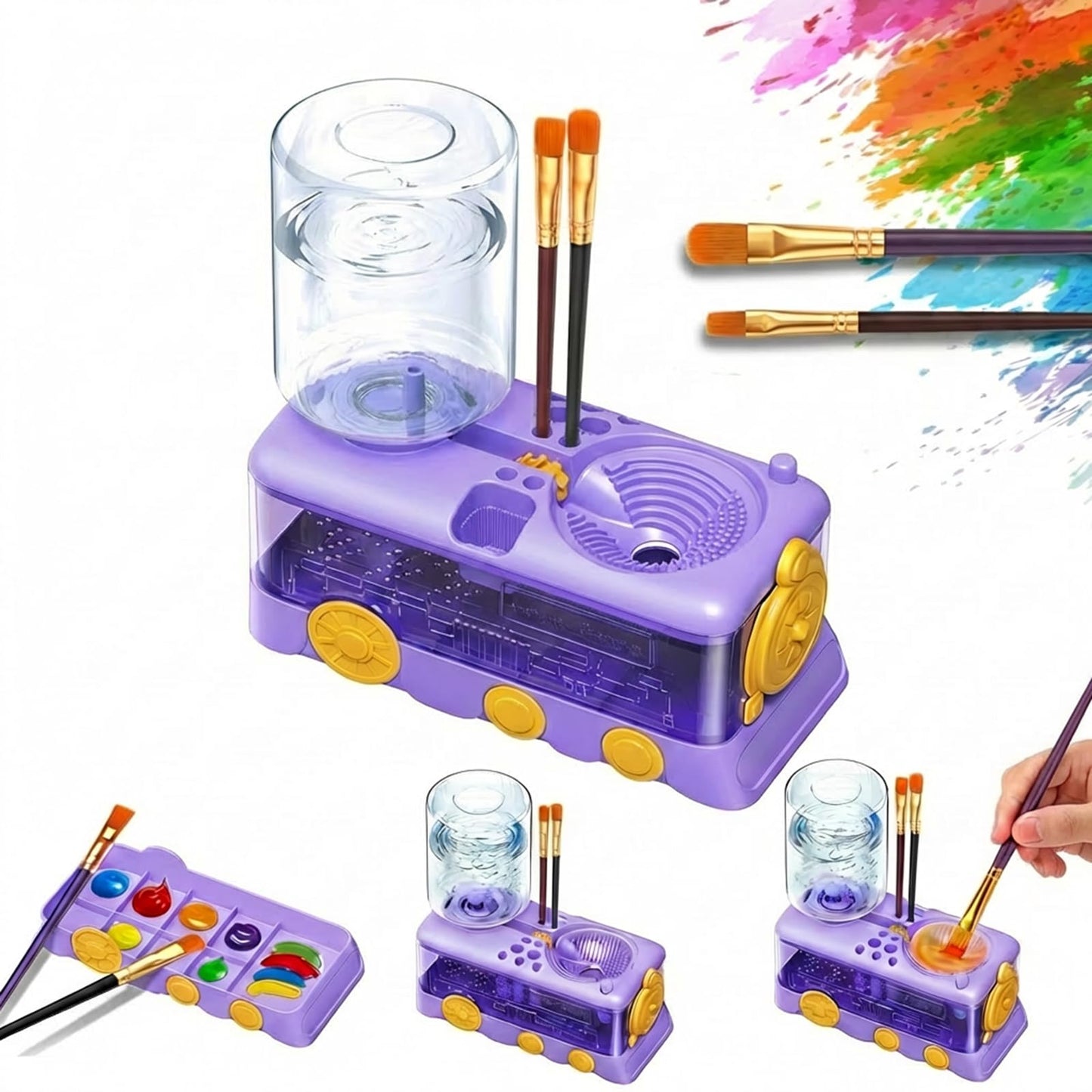 Paint Brush Cleaner with Press-to-Clean Design, All-in-1 Brush Rinsing Station with Built-in Holder & Tray, Water Dispenser for Acrylic Watercolor Painting, Art Supplies Gift for Artists Kids Adults