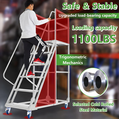 6 Steps Rolling Ladder, Mobile Platform Ladders with Handrails, Industrial & Warehouse Non-Slip Stair Ladder, Heavy Duty Step Ladders for Home Library Outdoor, 1100lbs Capacity