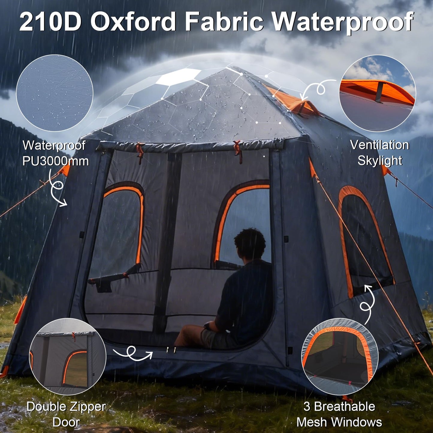 2-3 Person Inflatable Glamping Tent,Easy Set up with Hand Air Pump, Waterproof Blow Up Tent for Adults, Portable Outdoor for Hiking/Backpacking/Fishing，Grey