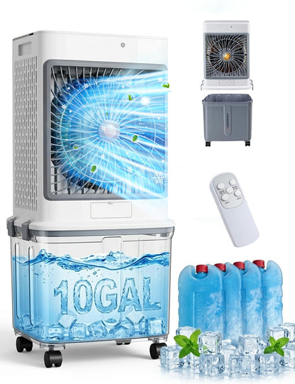 Swamp Cooler, Portable Air Conditioners Evaporative Air Cooler with 10GAL Detachable Tank, Windowless AC Unit Cooling Fan That Blow Cold Air with 120° Swing, 3 Speeds, Timer for Garage Patio Workshop