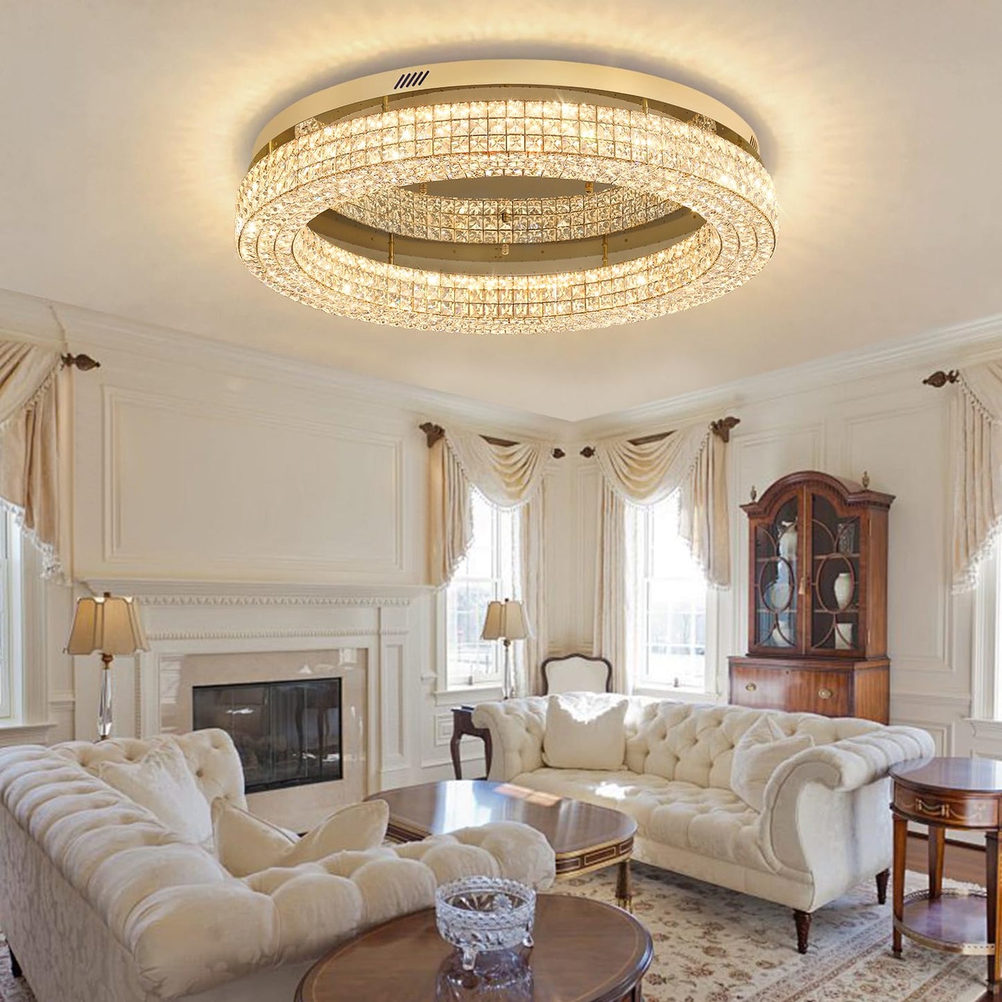 ykolupty 40'' Crystal Chandelier for Living Room Large Chandeliers for Living Room Crystal Flat Mounted Ceiling Lights Dining Room Bedroom Dimmable 2700-6000K (Gold Chandelier)