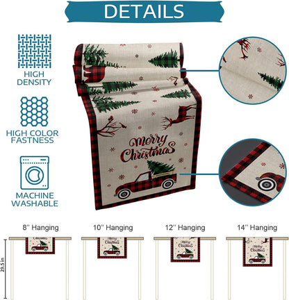Christmas Truck Cotton Linen Table Runners, 90 Inches Long, Red Buffalo Plaid Non-Slip Burlap for Holiday Decor