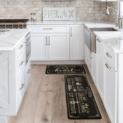 Artoid Mode Black Cooking Sets Kitchen Mats Set of 2, Seasonal The Kitchen is The Heart of The Home Holiday Party Low-Profile Floor Mat for Home Kitchen - 17x29 and 17x47 Inch