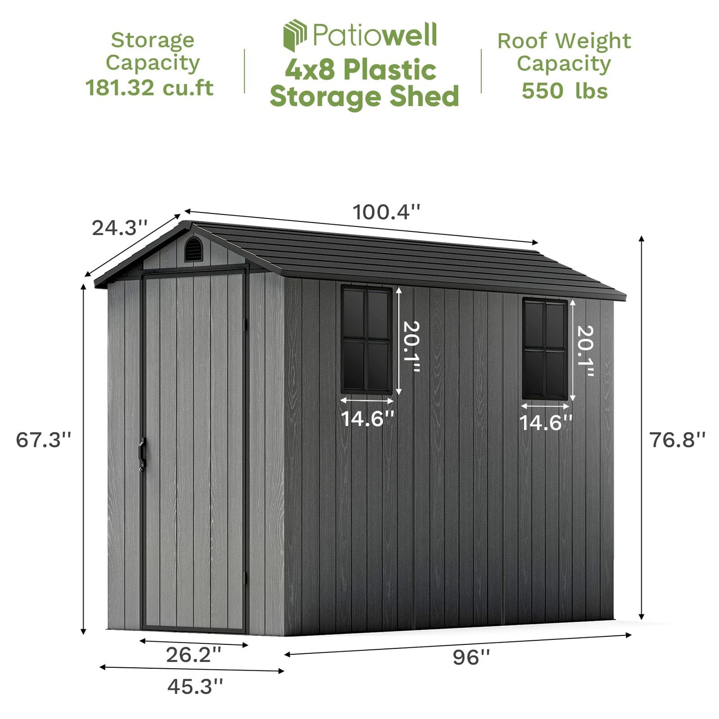 Patiowell 4x8 FT Plastic Outdoor Storage Shed with Floor, Garden Tool Shed with Two Windows and Single Lockable Door for Garden, Backyard, Lawn, Easy to Install, Dark Grey