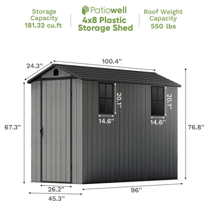 Patiowell 4x8 FT Plastic Outdoor Storage Shed with Floor, Garden Tool Shed with Two Windows and Single Lockable Door for Garden, Backyard, Lawn, Easy to Install, Dark Grey