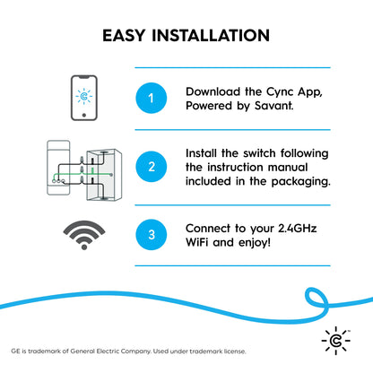 GE CYNC Smart Dimmer Light Switch, Neutral Wire Required, Bluetooth and 2.4 GHz WiFi 4-Wire Switch, Works with Amazon Alexa and Google Home, White Light Dimmer (1 Pack)
