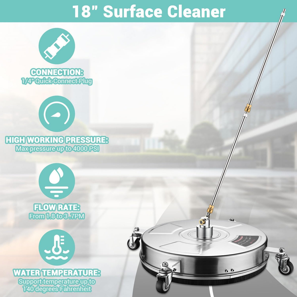 TRELVEX Pressure Washer Surface Cleaner with 4 Wheels 4000 PSI Stainless Steel Housing 1.8 to 3.7 GPM Water Flow Pressure Washer Attachment 1/4" Quick Connector for Patios, Driveways (18")