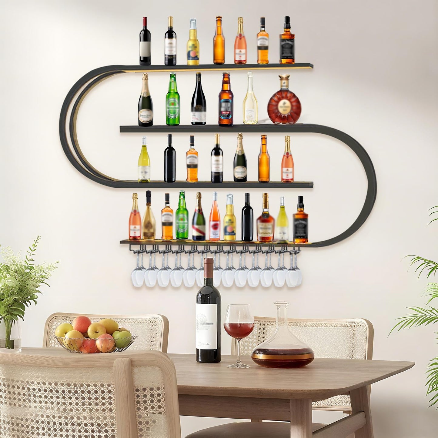 amhricho 78.7in Large Wine Rack with LED Light, Half Round Wall Mounted Wine Rack, 4-Tiers Liquor Bottles Floating Shelves Display Storage for Home Bar Dining Room (Black, 78.7 * 7.87 * 47.2INCH)