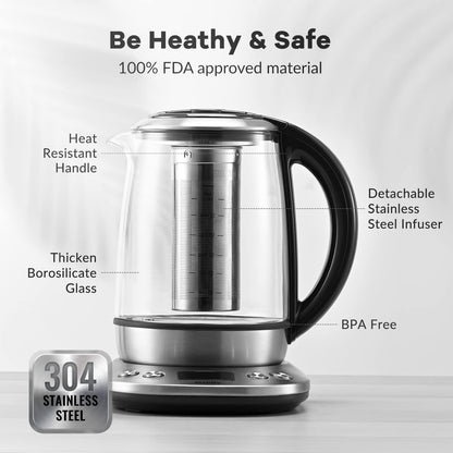 Mecity Electric Tea Kettle Borosilicate Glass Tea Maker With Temperature Control and Infuser - LCD Display and Preset Brewing Programs - 1.7 Liter Water Boiler