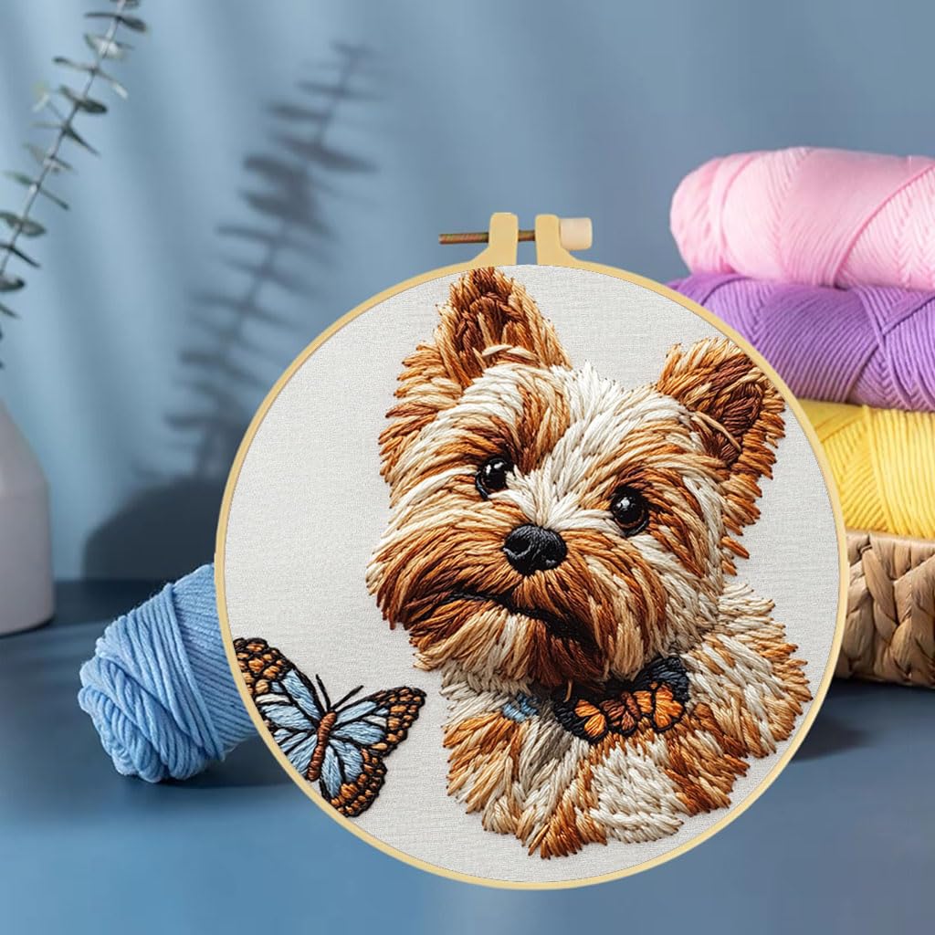 Punch Needle Kits Yorkshire Terrier Dog and Butterfly Embroidery Starter Set with Hoop Easy for Beginners DIY Stress Relief Handmade Craft Hobby and Home Decor 20x20cm-2