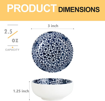 Ceramic Dipping Bowls Set of 6, 3 Inch Pinch Bowls for Sushi, Snack, Soy, BBQ, 2.5 Oz Blue and White