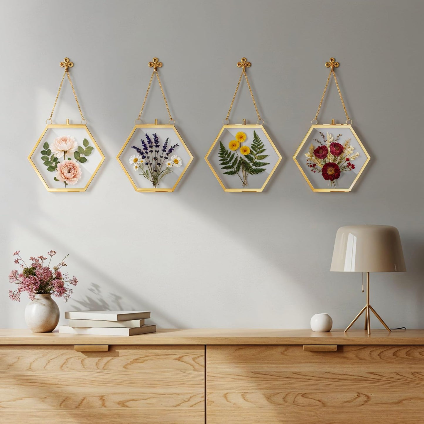 Yuanan 8 PCS Double Glass Frame for Pressed Flowers Handmade, 4 X 3 Inch Pressed Flower Frames with Metal Chain Brass Hanging Glass Frame for DIY Dried Flower, Art Display and Wall Decoration-Gold