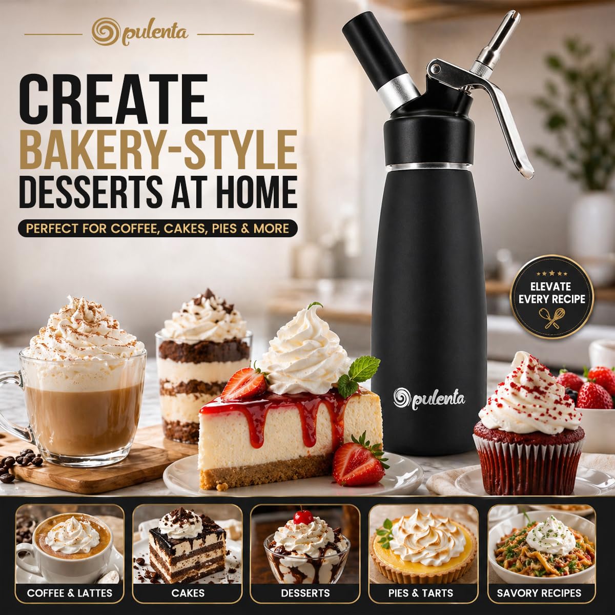Opulenta Premium Whipped Cream Dispenser – Leak-Proof Whip Maker with 3 Stainless Steel Nozzles, Spatula, Food Pen & Brush – Professional Whipped Cream Maker Canister – N2O Not Included – 500ml