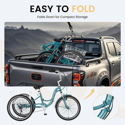 EOYOBIKE Adult Folding Tricycle, 7-Speed 3-Wheel Cruiser Bike with Low Step-Through Frame, Large Rear Basket, Adjustable Seat, 20/24/26 Inch Options
