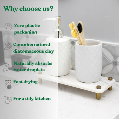 Fast Drying Stone Sink Caddy Made of Diatomaceous Earth | Water Absorbing Stone Tray for Bathroom | Instant Dry Sponge Holder for Kitchen Sink New Longer Size (Marble print on white diatom)