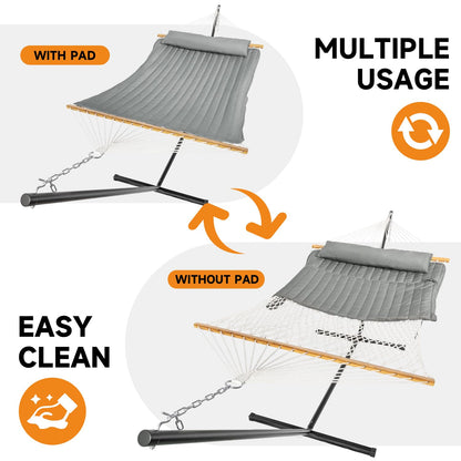 Everyfun 2 Person Outdoor Hammock with Stand, Cotton Rope Hammock with Polyester Pad, Adjustable Steel Frame, Portable with Carrying Bag – for Patio, Backyard, Garden, Beach, Urban-Gray