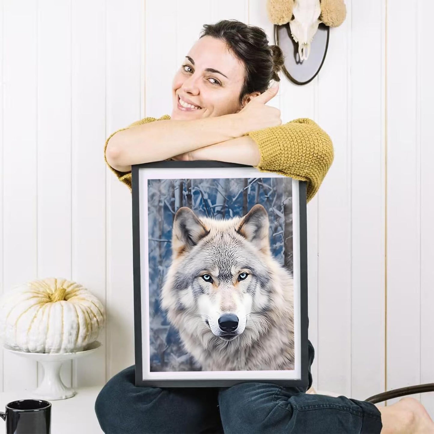 HMDIIMGE Diamond Painting Kits for Adults, Animal Diamond Art Kits, White Wolf in Winter Round 5D Gem Art Kits for Adult, DIY Crafts Kits Gift Home Wall Decor Gifts 12x16 inch
