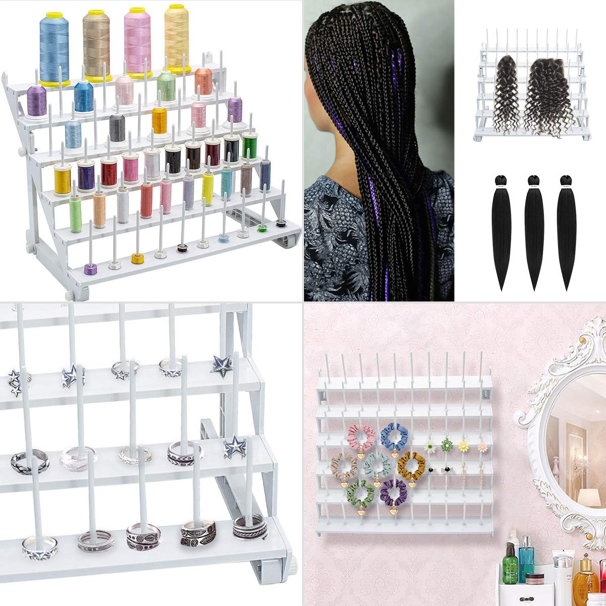 Sew Tech Thread Rack for 60 Spools or 30 Cones, Wall Mounted Large Thread Holder with Long Pegs, Bright White Plastic Thread Stand for Embroidery Serger Sewing Thread Storage and Hair Braiding