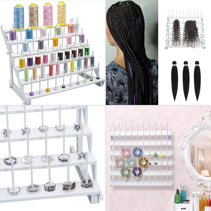 Sew Tech Thread Rack for 60 Spools or 30 Cones, Wall Mounted Large Thread Holder with Long Pegs, Bright White Plastic Thread Stand for Embroidery Serger Sewing Thread Storage and Hair Braiding