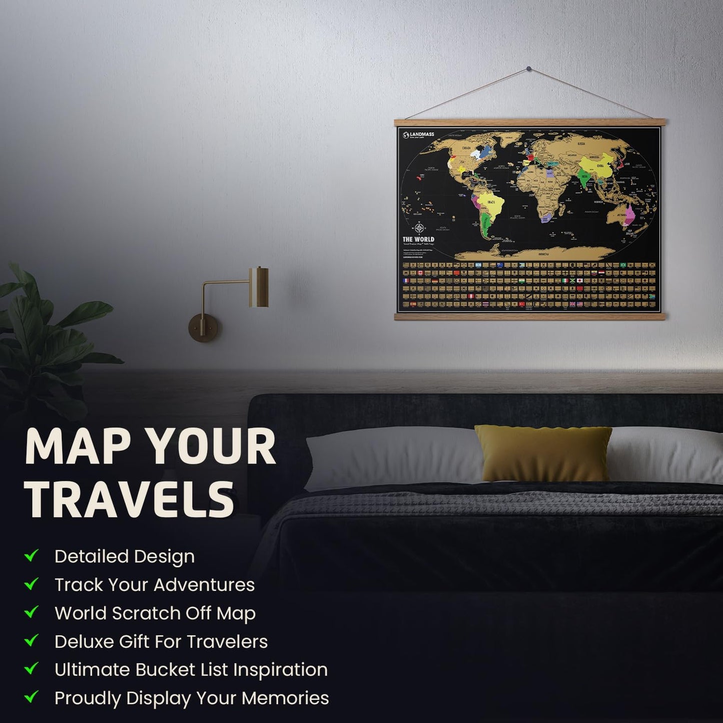 Landmass Scratch Off World Map, Deluxe Travel Tracker with Flags, 17x24 Inches Wall Art for Home or Office
