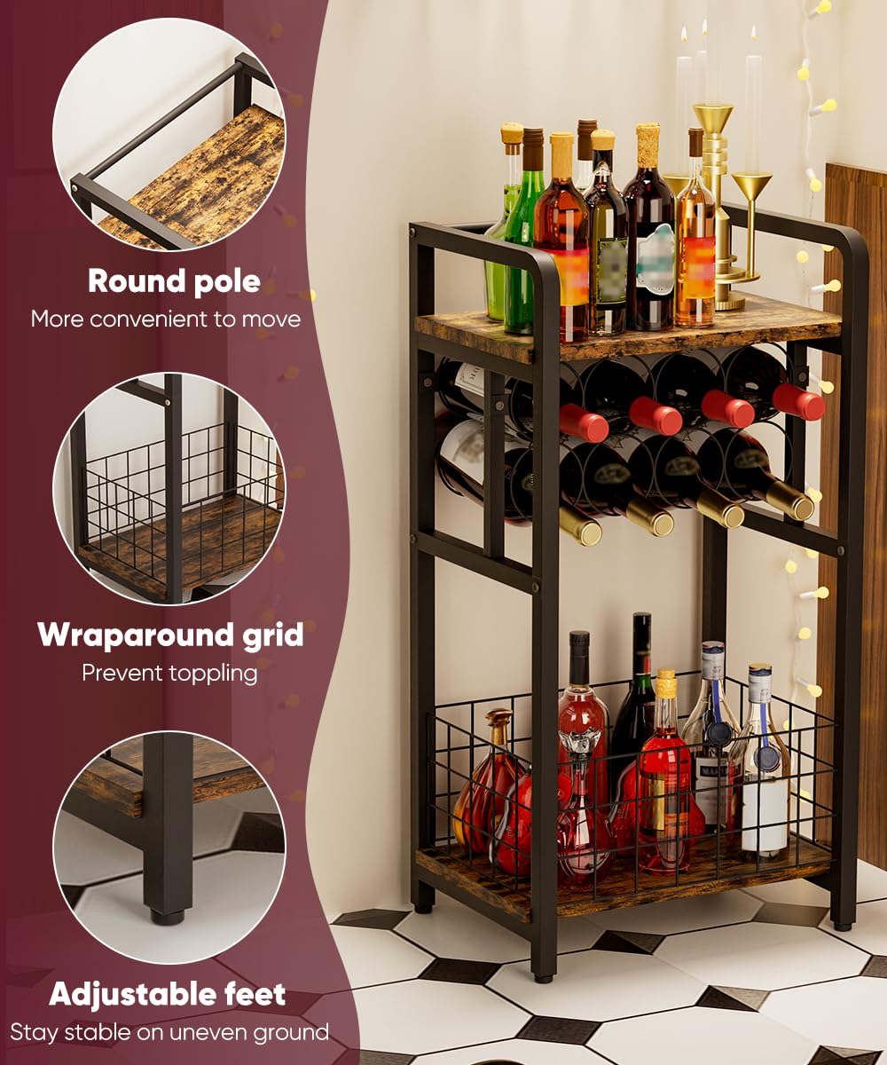 Ansionsol 3-Tier Wine Rack Freestanding Floor with Wood Top, Liquor Stand with Wine Bottle Holder, Corner Wine Bar Table for Small Space, Metal Whiskey Shlef for Kitchen, Cellar, Living Room, Black