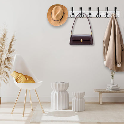 Kuhome 32.2'' Large Coat Rack Wall Mount Coat Hooks with 8 Metal Black Triple-Hooks Old White Pine Real Wood Plank Hat Rack for Wall Hooks