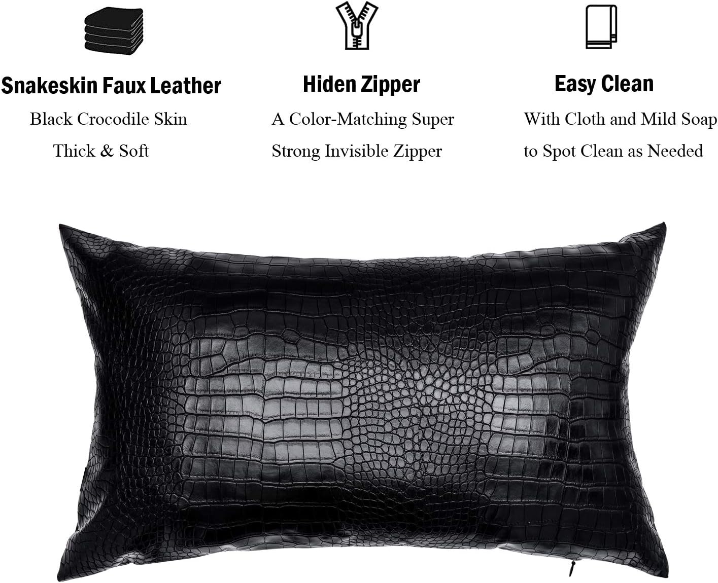 Black Crocodile Skin Faux Leather Pillow Cover, Decorative Modern Throw Cushion Case for Living Room & Bedroom, 12x20