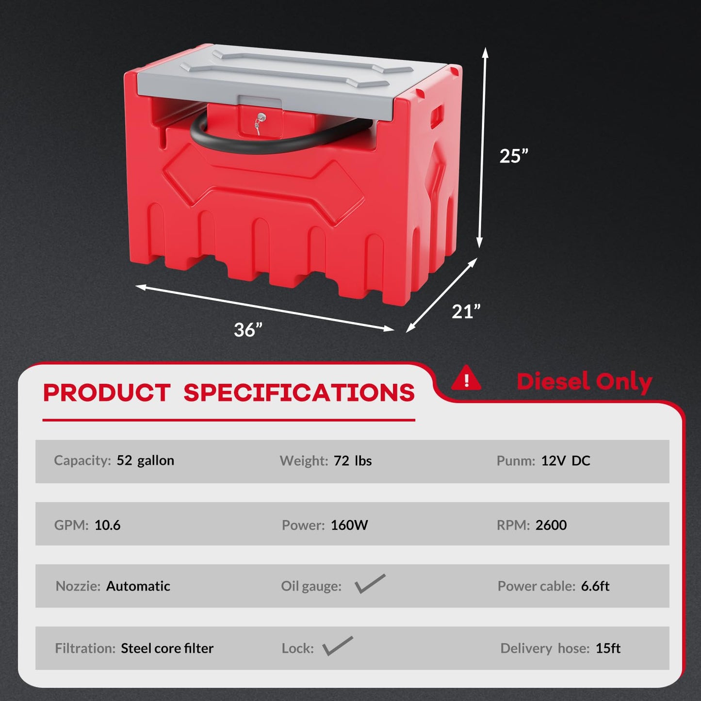 52 Gallon Portable Diesel Fuel Tank with 12V Pump, Auto Shut-Off Nozzle, 15Ft Hose & 360° Swivel, Heavy-Duty HDPE Diesel Transfer Tank for Trucks, Farm, Generator, Construction - Red Box