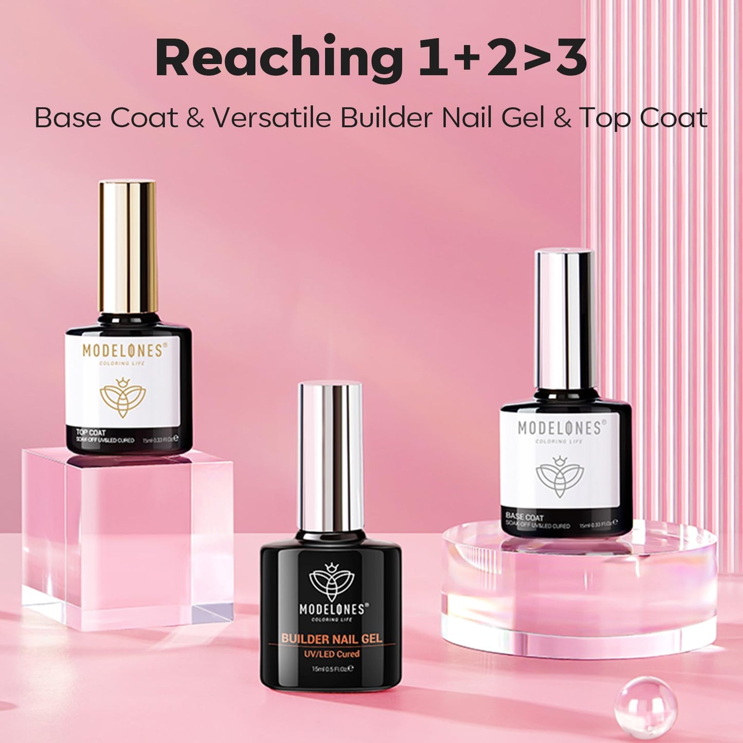 modelones Builder Nail Gel with Gel Top Coat, 3Pcs Clear Builder Nail Kit for Thickening Apex Building Extension Rhinestone Gel Tips Glue, U/V LED Lamp Cured for Home DIY Salon Girls