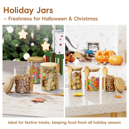 KOIKEY Coffee Sugar Container Salts Jars - 15oz Glass Airtight Caning with Bamboo Lids and Spoons Scoop, Storage Overnight Oats, Spice, Creamer, Food Organizer, Set of 3